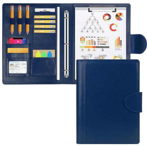Toplive Leather 3 Ring Binder Padfolio Portfolio Folder, Business Interview Resume Portfolio A4 Size Document Organizer with Clipboard Receipt Sleeve and Card Holder (Blue)