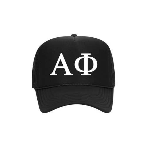 Alpha Phi Sorority Trucker Hat - AF Baseball Cap - Bid Day Pledge Gifts (Black)