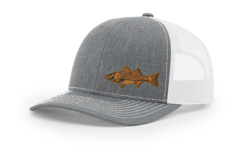 Striper Striped Bass Fishing Hat Laser Engraved Leather Patch Richardson 112 Snapback Trucker Cap Heather Grey/White