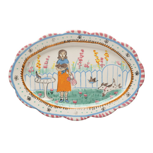 Creative Co-Op Decorative Ceramic Painted Illustration and Scalloped Edge, Multicolor Platter, Multi