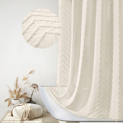 Siiluminisoy Extra Long Boho Shower Curtain, Woven Fabric 84 in Cream Shower Curtain, 72 x 84, Tufted Chevron Striped Modern Chic Textured Minimalist Bathroom Shower Curtain