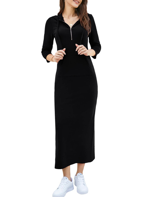 MISSKY Women's Casual 3/4 Sleeve Half Zip Sweatshirt Pocket Split Pullover Hoodie Dress,Black-XL-Front Pocket