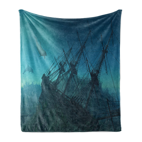 Ambesonne Nautical Soft Flannel Fleece Throw Blanket, Dolphins Ruined Wreckage Underwater Sunken Ship Mystery Treasure, Cozy Plush for Indoor and Outdoor Use, 50" x 60", Blue Teal