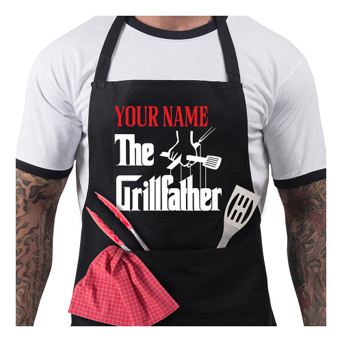Personalized BBQ Aprons for Men, Funny Cooking BBQ Apron in Black Cotton, Adjustable with 2 Pockets - King of Grill - Black