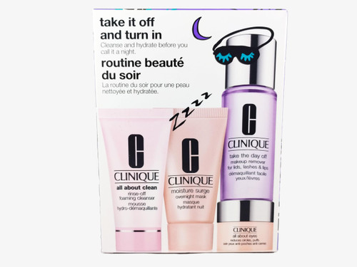 Clinique Take it off and Turn in Gift Set - Includes Take The Day Off Makeup Remover, All About Clean Rinse-Off Foaming Cleanser, All About Eyes and Moisture Surge Overnight Mask