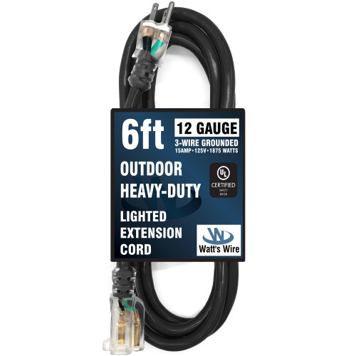 6 ft - 12 Gauge Heavy Duty Extension Cord - Lighted SJTW - Indoor/Outdoor Extension Cord by Watt's Wire - 6' 12-Gauge Grounded 15 Amp Extension Cord Splitter