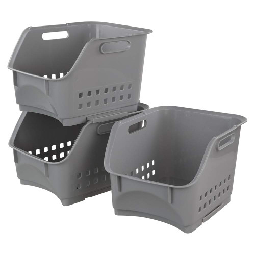 AnnkkyUS 3-Pack Stackable Storage Basket, Plastic Stacking Organizer Basket Bin, Gray