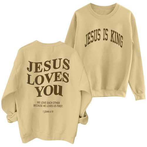ASTANFY Christian Sweatshirt Women Jesus Loves You Sweatshirt Jesus Is King Hoodie Jesus Faith Shirts Religious God Pullover Apricot Yellow