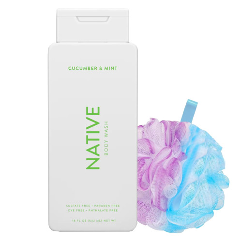 FII Native Natural Body Wash - Cucumber & Mint, 18 oz Bundle with Loofah for Men & Women - Sulfate & Paraben Free, Gentle on Skin