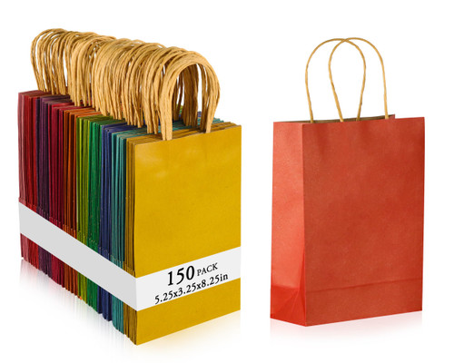 GITMIWS 150 Pack Kraft Paper Party Favor Gift Bags, 5.25x3.25x8.25Inch Small Colored Paper Gift Bags with Handles for Kids Birthday Party Favors Baby Shower Crafts Wedding (10 Colors)
