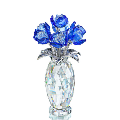 H&D HYALINE & DORA Gorgeous Blue Crystal Rose Flower Paperweight Wedding Table Centerpiece,Crystal Flowers Bouquet Collectible Gift for Valentine's Day Anniversary