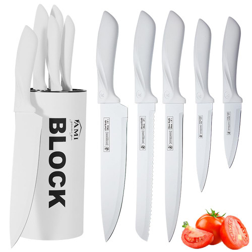 Knife Set, 6-Piece White Professional Kitchen Knife Set for Chef, Super Sharp Knife Set with Universal Knife Block, Anti-Rust Stainless Steel Kitchen Knife Block Set, Ergonomical Design (White)