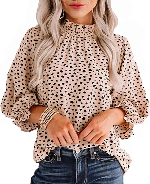 Remidoo Women's Casual Leopard Printed Puff 3/4 Sleeve Ruffle Mock Neck Blouse Top Beige Medium