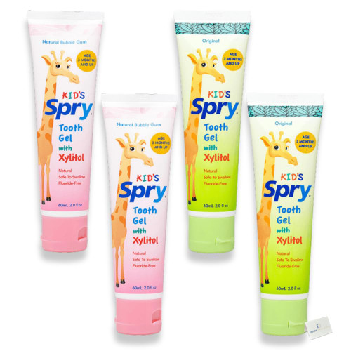 Spry Kids Toothpaste with Xylitol - 2 of Each Flavor (Original, Bubble Gum) Safe to Swallow, Fluoride Free, Tartar Control, Natural Baby Tooth Gel for Training Toddlers Age 3 Months and up
