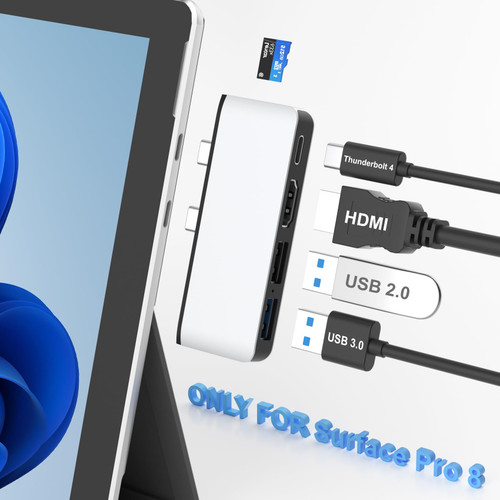 Surface Pro 8 USB Adapter Docking Station Hub with 4K HDMI - Surface Pro 8 Accessories with Thunderbolt 4 (Display+PD Charging+Data), USB 3.0/2.0, TF Card Slot, Dock Station Dual Monitor(HDMI+USB C)