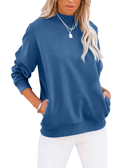 TICTICMIMI Women's Casual Long Sleeves Sweatshirt Tops Mock Turtleneck Lightweight Tunic Fall Pullover with Pocket A- Blue