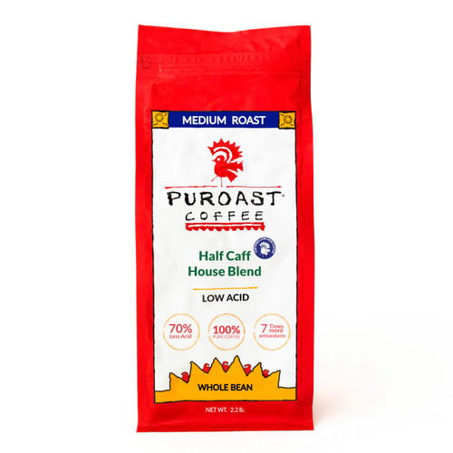 Puroast Low Acid Coffee Whole Bean, Half Caff House Blend, Medium Roast, Certified Low Acid Coffee, 5.5+ pH, Gut Health, 2.2 LB, Higher Antioxidant, Smooth for Espresso, Iced Coffee