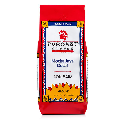 Puroast Low Acid Coffee Ground, Mocha Java Decaf, Medium Roast, Certified Low Acid Coffee, pH 5.5+, Gut Health, 2.2 LB, Higher Antioxidant, Smooth for Espresso, Iced Coffee