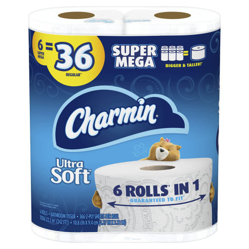 Charmin Ultra Soft Toilet Paper, 6 Super Mega Rolls = 36 Regular Rolls, 6 Count