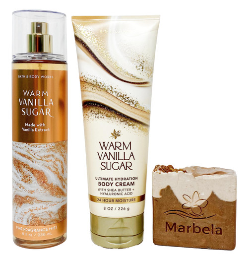 Bath & Body Works Warm Vanilla Sugar - Duo Gift Set - Fine Fragrance Mist and Body Cream With a Yamma Jamma Bar Soap