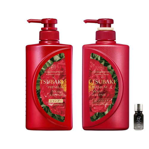 Limited Edition TSUBAKI Premium Moist & Repair Shampoo and Conditioner Set 490ml+490g bundle with Hair Serum 10ml