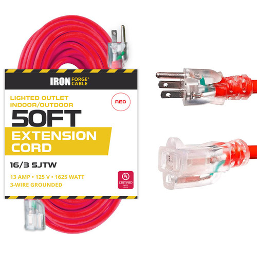 50 Ft Red Extension Cord - 16/3 SJTW Lighted Outdoor High Visibility Electrical Cable with 3 Prong Grounded Plug for Safety