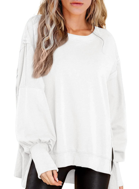 Beaully Womens Oversized Crewneck Sweatshirt Side Slit Long Sleeve Winter Clothes 2023 Outfits Pullovers Top 6088 White Medium