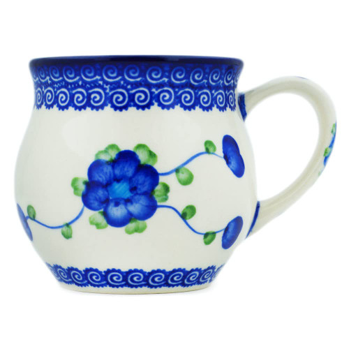 Authentic Polish Pottery 12 oz Bubble Mug (Blue Poppies Theme) + Certificate of Authenticity
