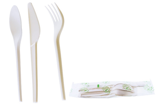 (75 Pack) Compostable Cutlery Kit Eco Friendly Fork, Spoon, Knife, Napkin 6.5 inch - CPLA Heat Resistant Disposable Utensil Kit Durable Cornstarch Bio Based Biodegradable Plastic Cutlery