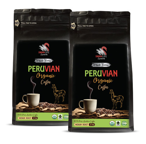 organic coffee 1 lb whole bean - PERUVIAN COFFEE ORGANIC WHOLE BEANS, medium roast, arabica, low acidity - medium roast low acid coffee, 2 Bags (24 oz)