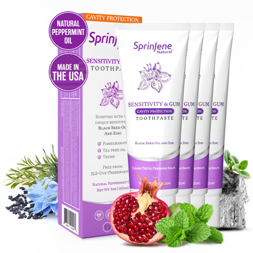 SprinJene Patented Toothpaste Sensitive Teeth & Gum w/Fluoride Cavity Protection Non Toxic SLS Free Fresh Breath Dry Mouth,Preservative Free, 4 Pack