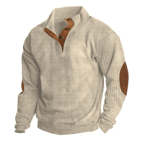 ZBFYZQ Polo Pullover Corduroy Mens Sweater Mock Neck Button Up Long Sleeve Sweatshirts with Elbow Patches Sweaters For Men(XL Beige