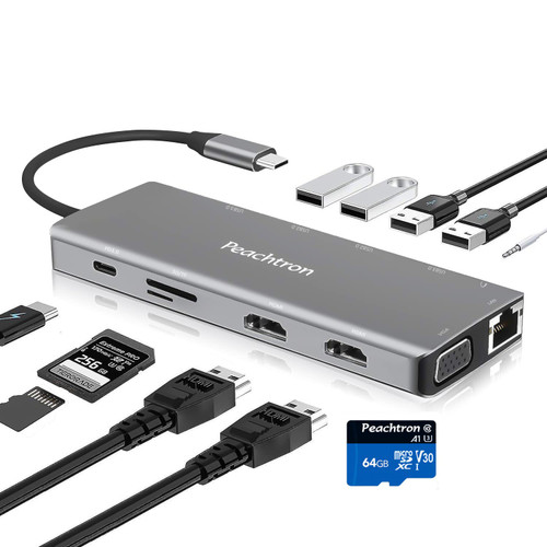 12 in 1 USB C Hub with 64GB SD Card, Dual 4K HDMI, USB C to HDMI Hub, USB Hub Dual Monitor, USB C Dongle, Laptop Docking Station, PEACHTRON Triple Display Adapter for MacBook and Windows