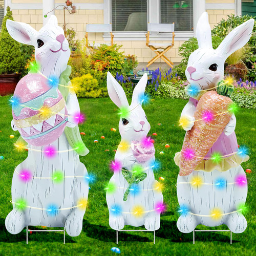 3 PCS Large Easter Decorations Outdoor Easter Yard Signs Easter Yard Decorations Outdoor with Metal Stakes Bunny Decorations Easter Outdoor Garden Sign Waterproof Lawn Signs for Pathway Walkway