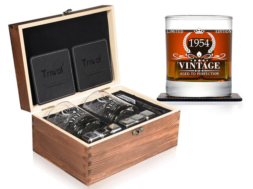 70th Birthday Gifts for Men, Vintage 1954 Whiskey Glass and Stones Gift Set of 2, Funny 70 Birthday Gift for Dad Husband Brother, 70 Birthday Present Ideas for Him, 70 Year Old Bday Decorations