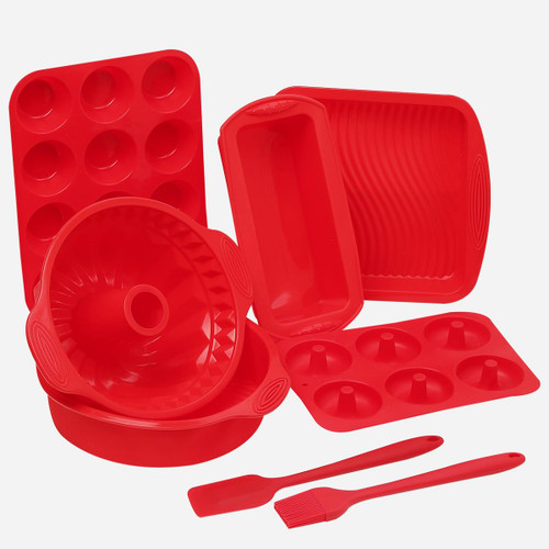 8PCS Silicone Baking Pans Sets - Nonstick Silicone Bakeware Set with Bread Loaf Pan, Muffin Pan, Square & Round Cake Pan, Bundt Cake Pan, Donut Pan - Oven & Dishwasher Safe with Brush & Spatula (Red) 8PCS Silicone Baking Pans Sets - Nonstick Silicone Bakeware Set with Bread Loaf Pan, Muffin Pan, Square & Round Cake Pan, Bundt Cake Pan, Donut Pan - Oven & Dishwasher Safe with Brush & Spatula (Red)