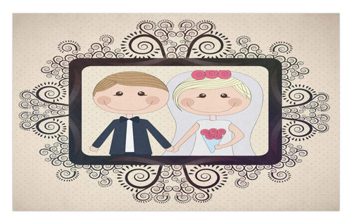 Ambesonne Romantic Doormat, Wedding Photography Illustration with Happy Bride and Groom Swirled Lines Backdrop, Decorative Polyester Floor Mat with Non-Skid Backing, 30" X 18", Multicolor