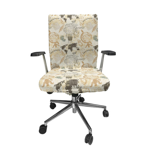 Ambesonne World Map Office Chair Cover, Pattern Vintage Globe Atlas Theme Airship Knots Ribbon Retro Print, Stretchable Decorative Universal Size High Back Printed Slipcover, Beige Olive Green