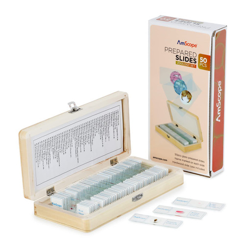 AmScope - 50pc Prepared Glass Microscope Zoology Slide Specimens with Wooden Case - PS50W-ZLG