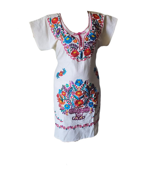 Authentic Mexican Embroidered Dress from Mexico womens vestidos bordados mexicanos huipil black colorful dress vestidos long traditional bordados Dress Short Sleeve (L, Biege and Colors)