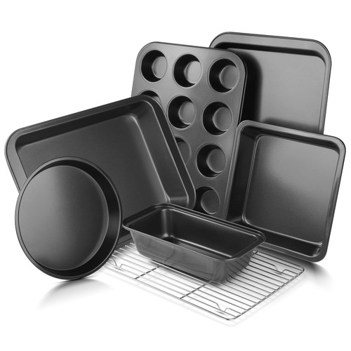 EWFEN Bakeware Sets, Baking Pans Set, Nonstick Oven Pan for Kitchen with Wider Grips, 7-Piece with Round/Square Cake Pan, Loaf Pan, Muffin Pan, Cookie Sheet, Roast Pan, Cooling Rack, Carbon Steel Bake