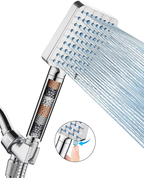 Heemli Handheld Shower Head with Filter, High Pressure 6 Spray Mode Filtered Shower Head with Hose, Bracket and Water Softener Filters Beads for Hard Water Remove Chlorine, Chrome