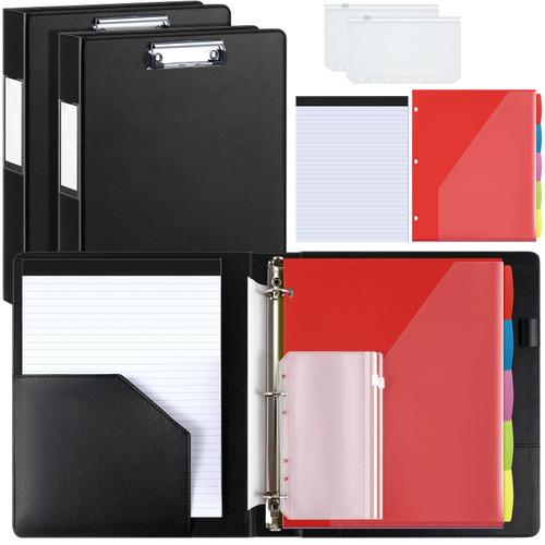 Henoyso 2 Pack 3 Ring Binder with Clipboard PU Clipboard Folder Clipboard Folio with Refillable Notepad Clipboard Binder Includes 5 Dividers with 10 Pockets, Labels for School Office