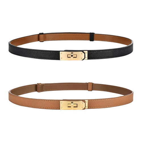 IEMIEBOAMGNOY 2PS Adjustable Thin Belts for Women Leather Skinny Belt for Women Dresses Solid Color Alloy Turn Lock Belts for Jeans