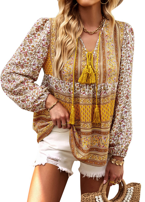 KAYWIDE Women's Casual Boho V Neck Top Loose Floral Printed Long Sleeve Beach Shirts Blouses(Yellow-2013,M) KAYWIDE Women's Casual Boho V Neck Top Loose Floral Printed Long Sleeve Beach Shirts Blouses(Yellow-2013,M)