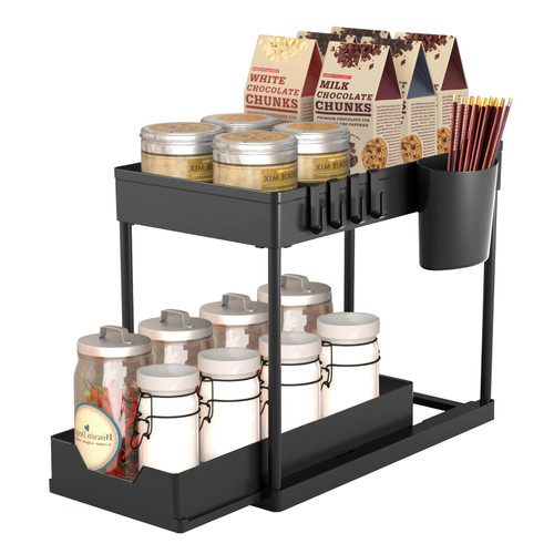 Libeder Under Sink Organizers and Storage,2 Tier Sliding Bathroom Cabinet Organizer with Hooks& Cup,Under Sink Storage Shelf with Pull Out Drawer for Kitchen,Bathroom,Restroom