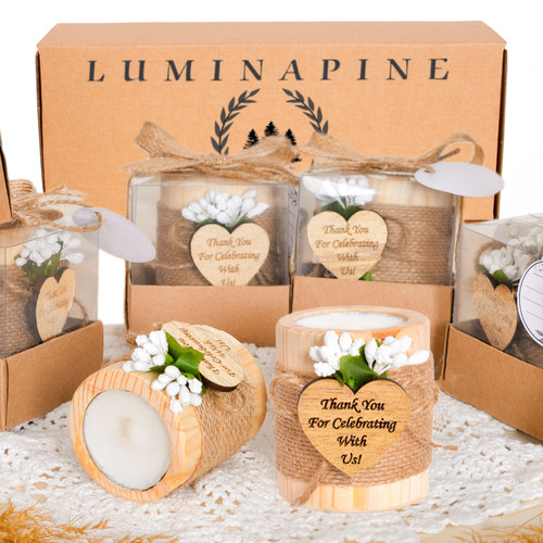 Luminapine Rustic Wedding Party Favors - Pack of 10 Thank You Favors - Wooden Cylinder Candle Holders For Table Centerpiece - Baptism, Baby Shower, Bridal Shower Gifts For Guests (Heart Tag)