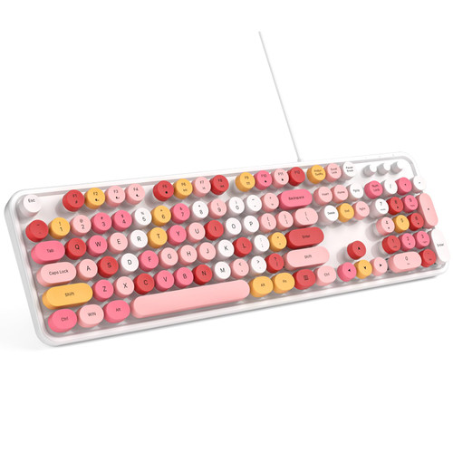 MOWUX Computer Keyboard Wired, Plug and Play USB Retro Round Typewriter Keyboard, Full Size Wired Keyboard with Foldable Stands for Laptop and Office PC- White Colorful