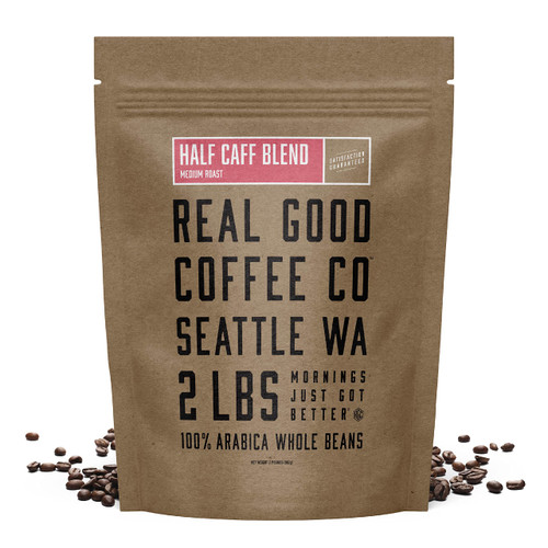 Real Good Coffee Company - Whole Bean Coffee - Half Caff Medium Roast Coffee Beans - 2 Pound Bag - 100% Whole Arabica Beans - Grind at Home, Brew How You Like