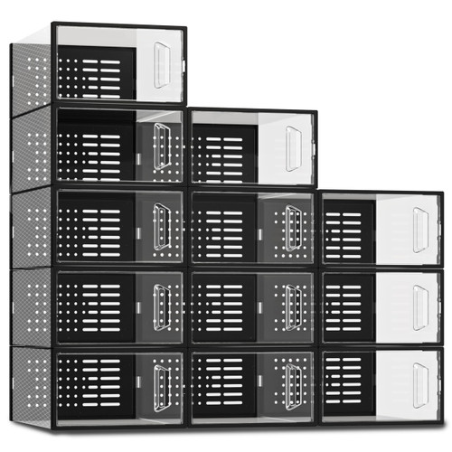 SEE SPRING Large 12 Pack New Shoe Storage Box, Clear Plastic Stackable Shoe Organizer for Closet, Space Saving Foldable Shoe Rack Sneaker Container Bin Holder (Black)